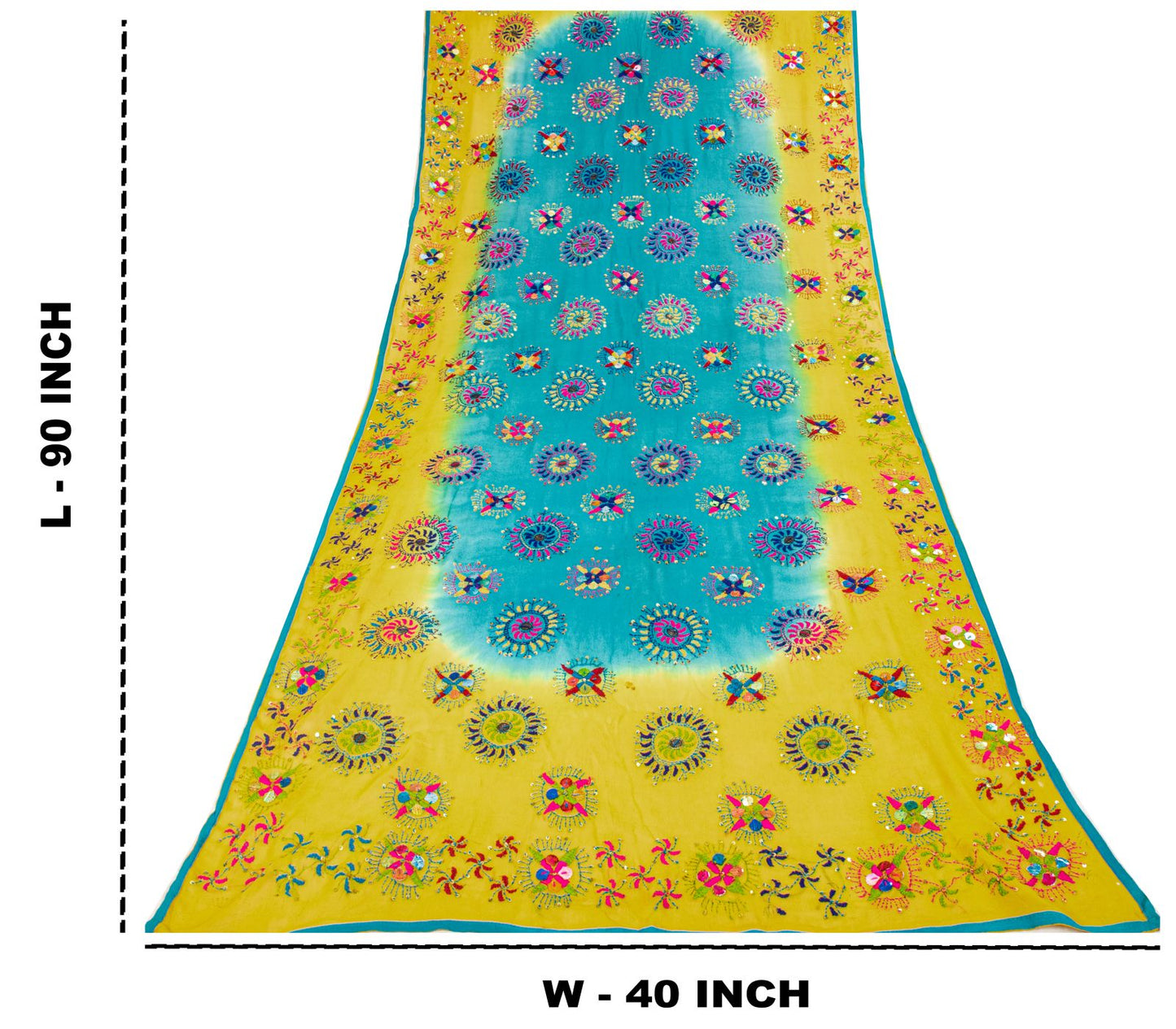 Sanskriti Vintage Dupatta/Stole Yellow-Blue Pure Georgette Hand Made Phulkari