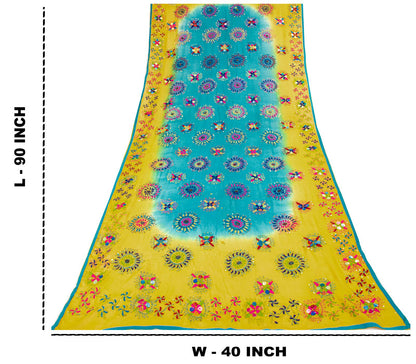 Sanskriti Vintage Dupatta/Stole Yellow-Blue Pure Georgette Hand Made Phulkari