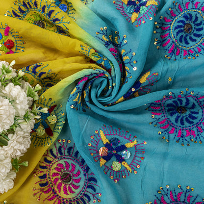 Sanskriti Vintage Dupatta/Stole Yellow-Blue Pure Georgette Hand Made Phulkari