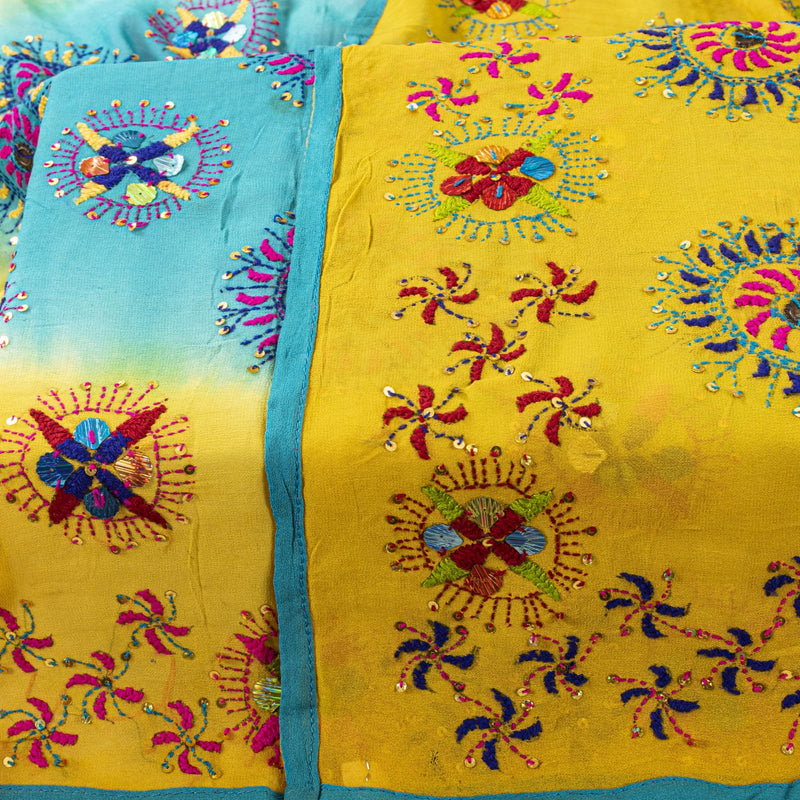 Sanskriti Vintage Dupatta/Stole Yellow-Blue Pure Georgette Hand Made Phulkari