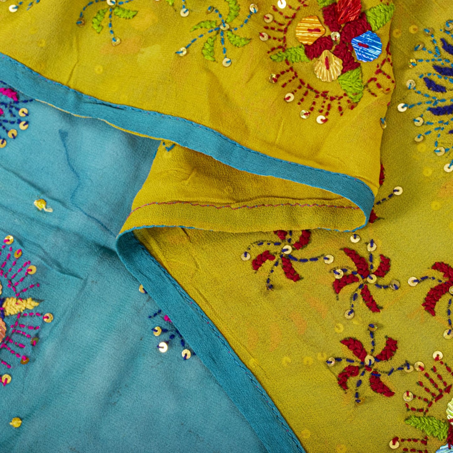Sanskriti Vintage Dupatta/Stole Yellow-Blue Pure Georgette Hand Made Phulkari
