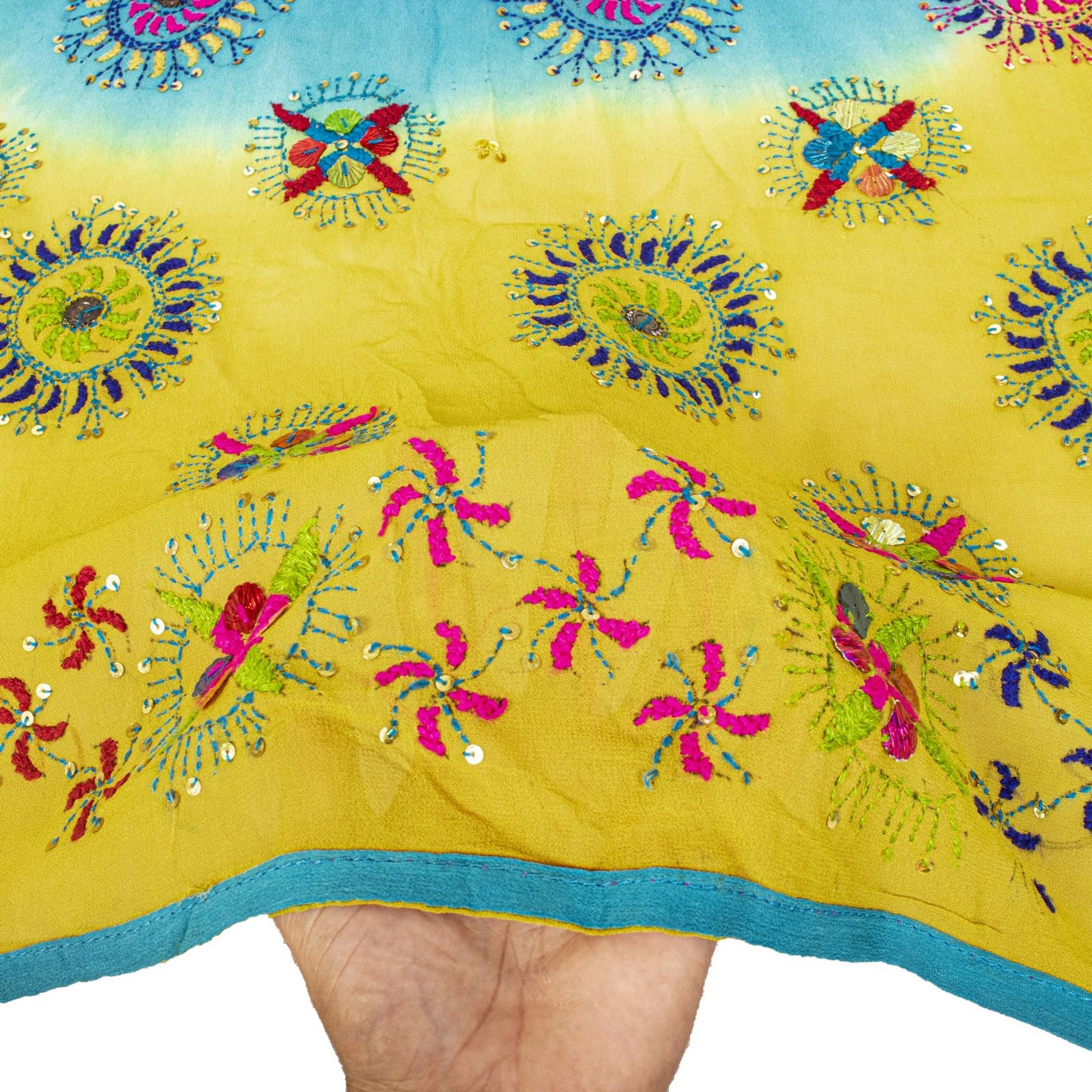 Sanskriti Vintage Dupatta/Stole Yellow-Blue Pure Georgette Hand Made Phulkari
