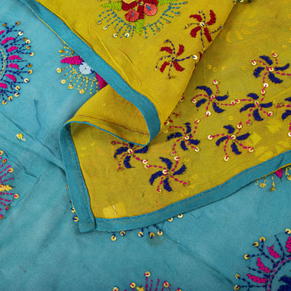 Sanskriti Vintage Dupatta/Stole Yellow-Blue Pure Georgette Hand Made Phulkari
