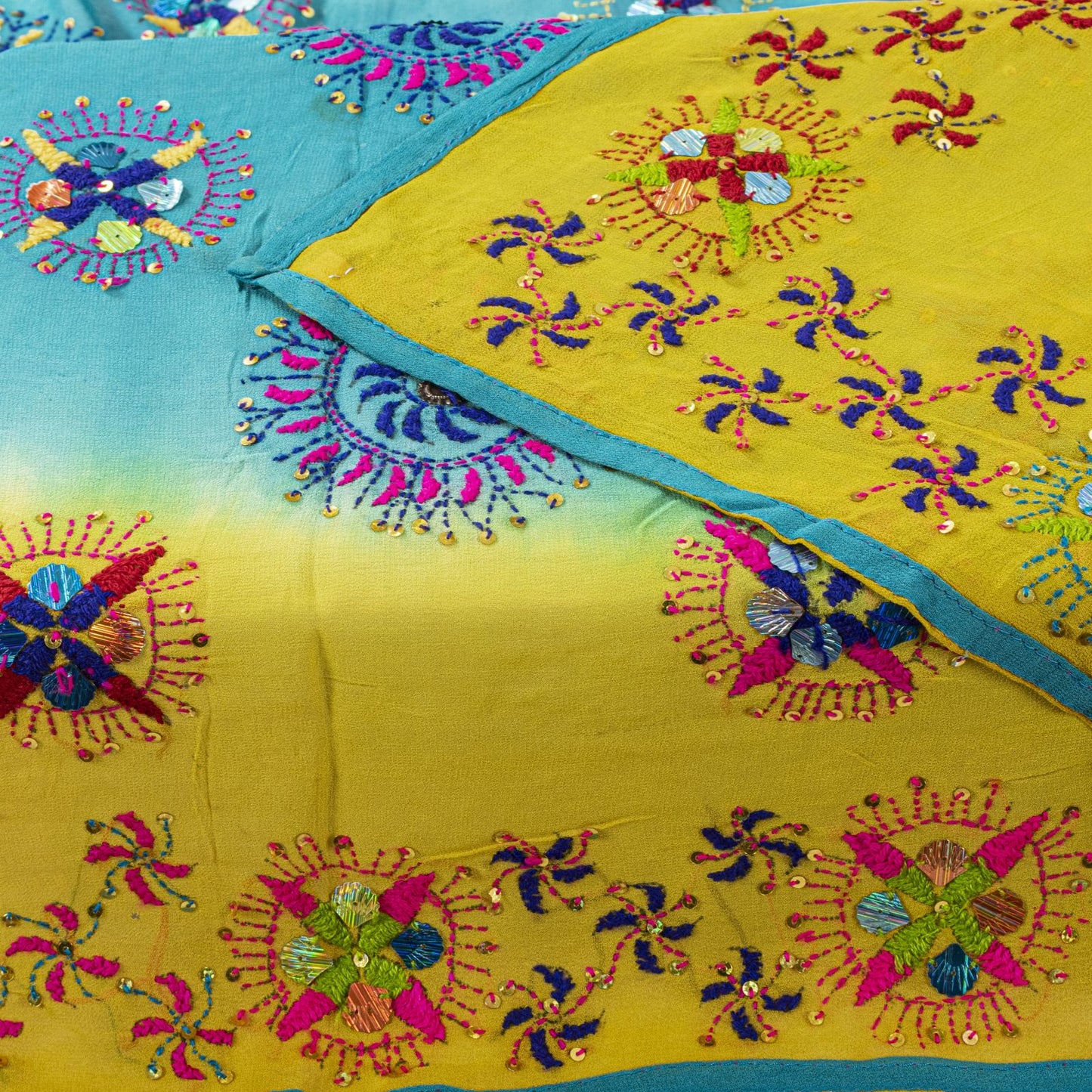 Sanskriti Vintage Dupatta/Stole Yellow-Blue Pure Georgette Hand Made Phulkari