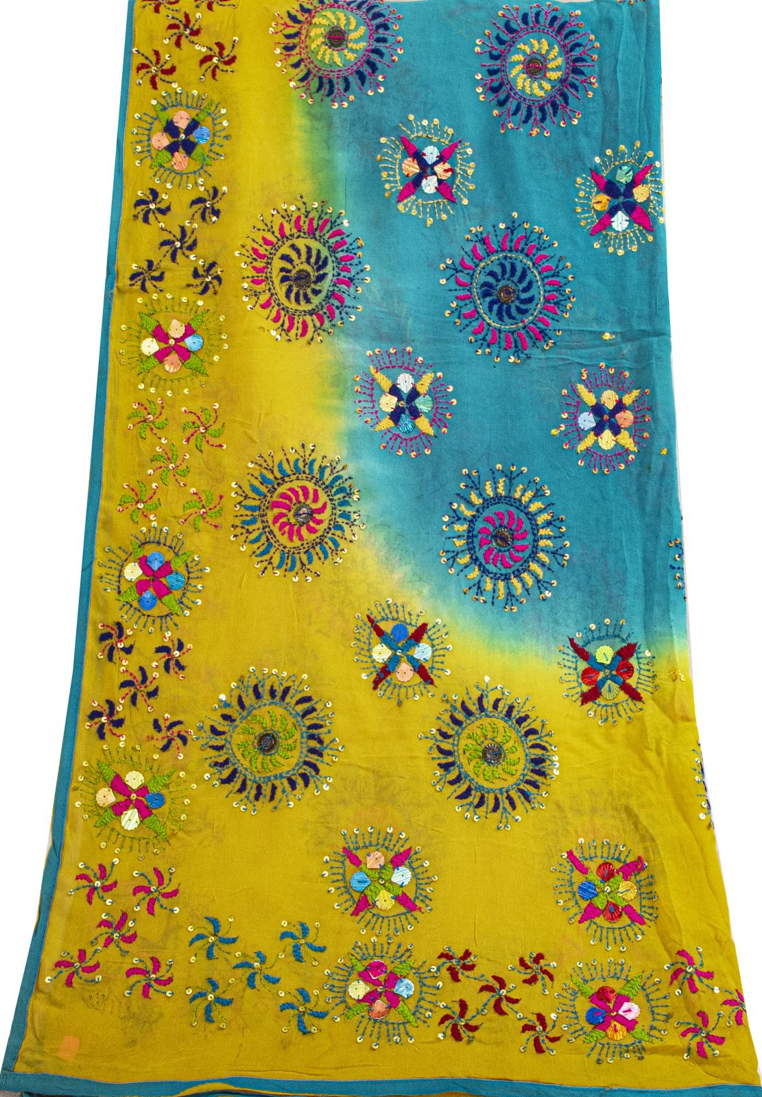 Sanskriti Vintage Dupatta/Stole Yellow-Blue Pure Georgette Hand Made Phulkari