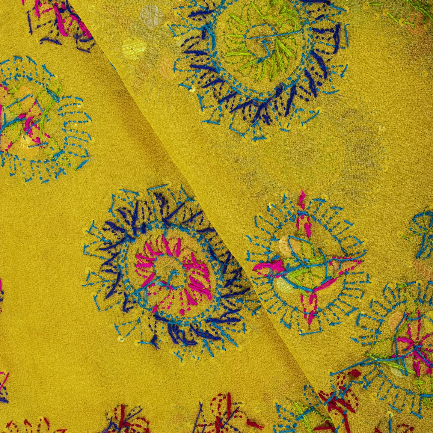 Sanskriti Vintage Dupatta/Stole Yellow-Blue Pure Georgette Hand Made Phulkari