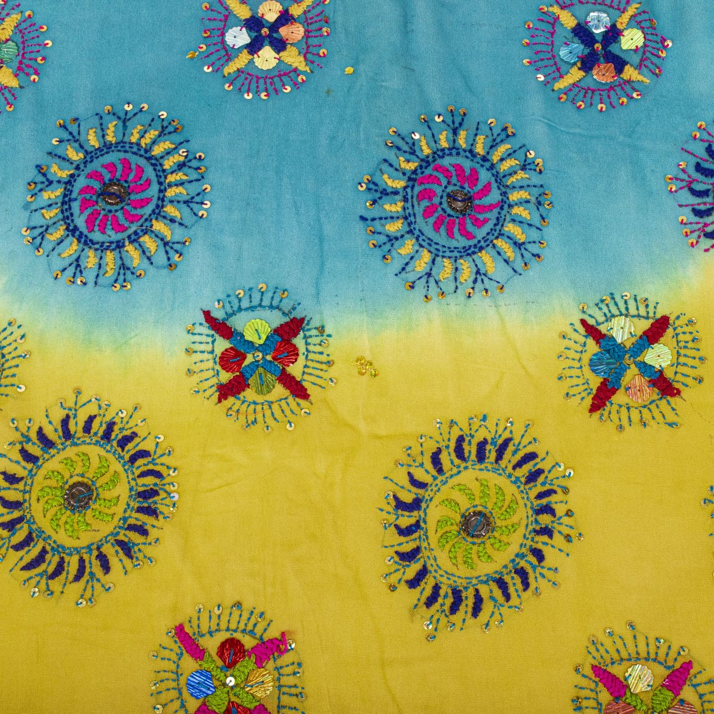 Sanskriti Vintage Dupatta/Stole Yellow-Blue Pure Georgette Hand Made Phulkari