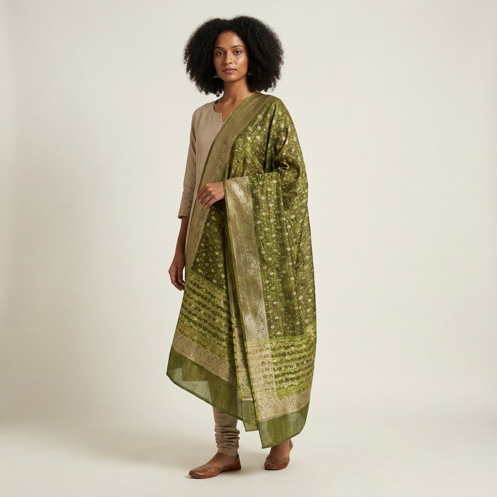 Sanskriti Vintage Green Blend Cotton Dupatta/Stole Floral Print-Woven Soft Veil