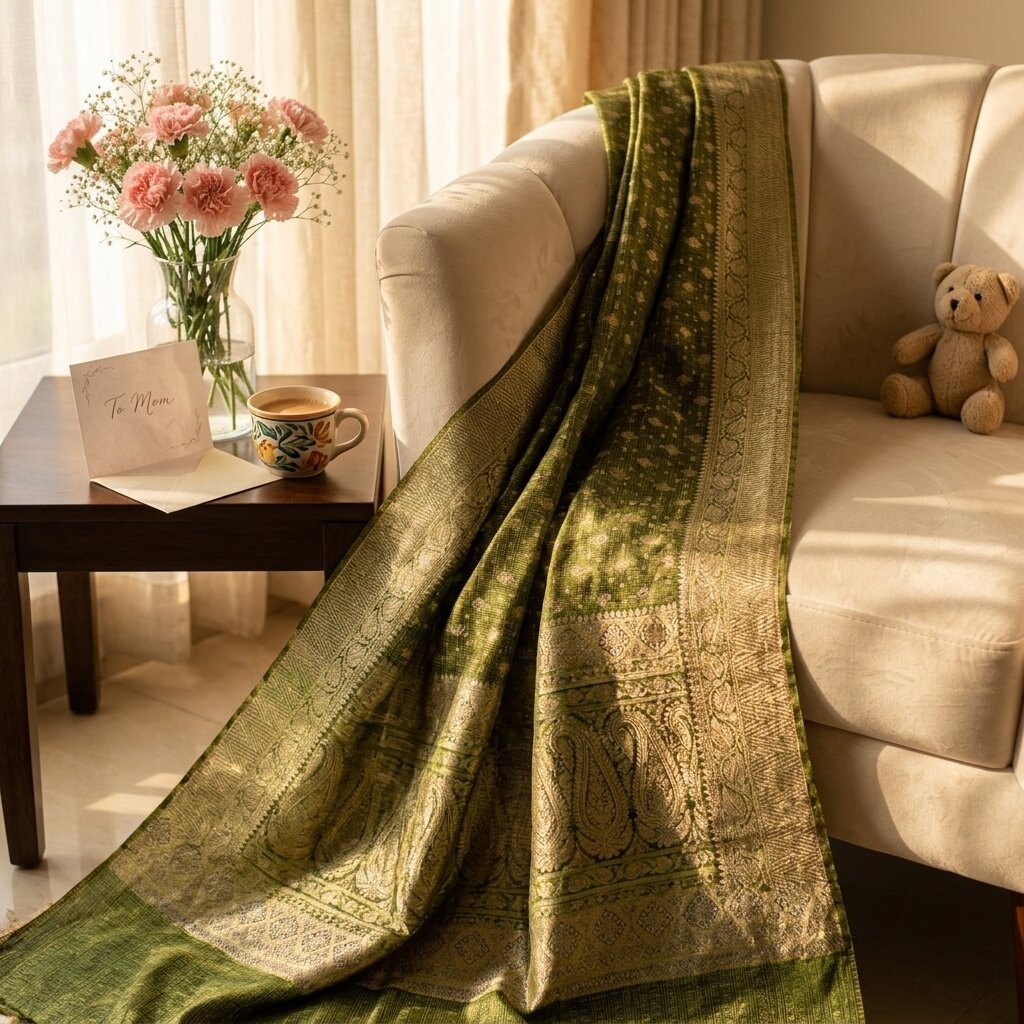 Sanskriti Vintage Green Blend Cotton Dupatta/Stole Floral Print-Woven Soft Veil