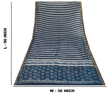Sanskriti Vintage Dupatta/Stole Blue Cotton Silk Bagru Handblock Print Zari Veil