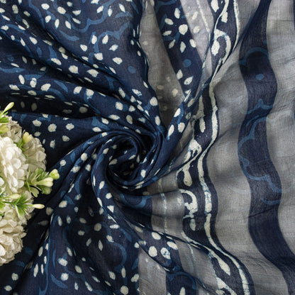 Sanskriti Vintage Dupatta/Stole Blue Cotton Silk Bagru Handblock Print Zari Veil