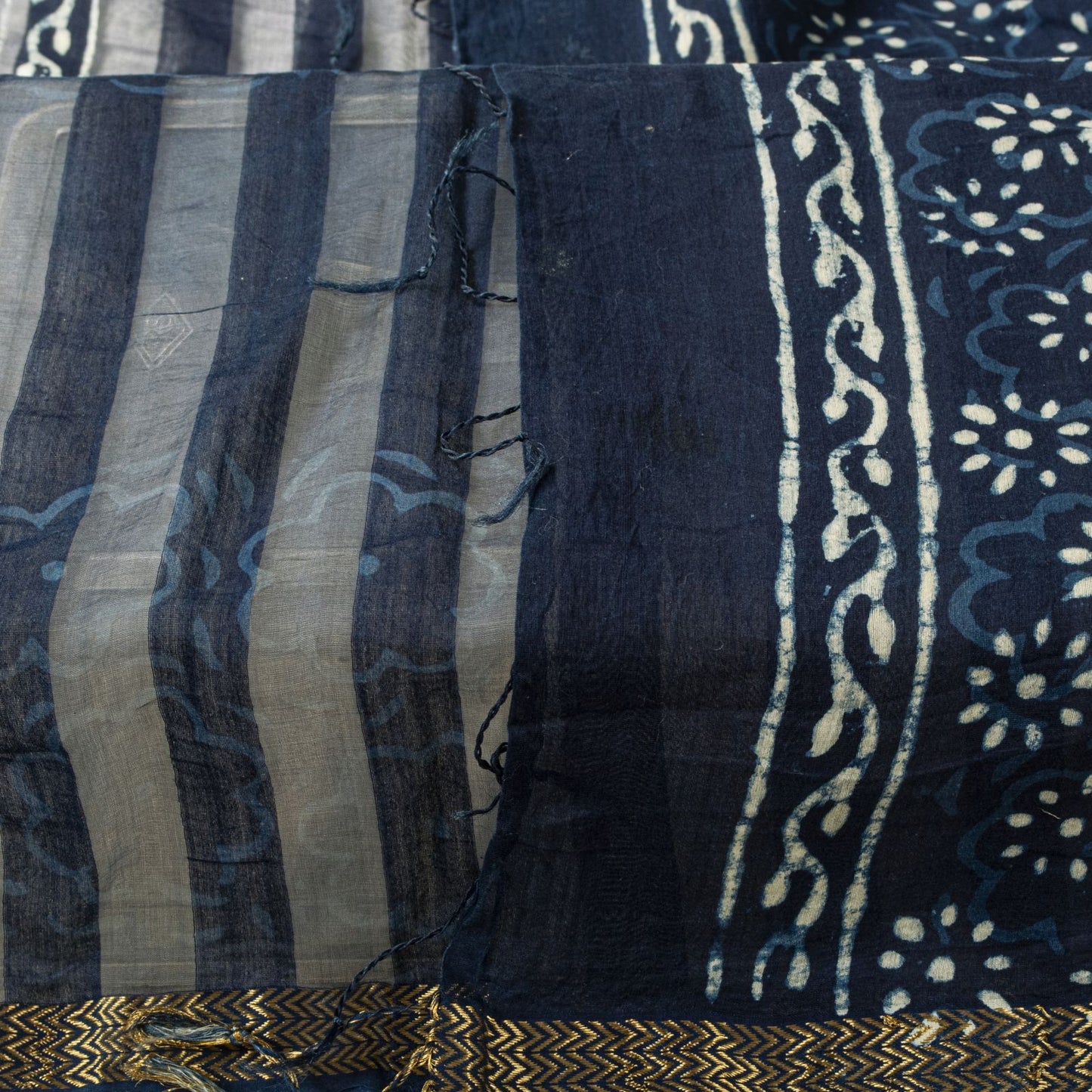 Sanskriti Vintage Dupatta/Stole Blue Cotton Silk Bagru Handblock Print Zari Veil