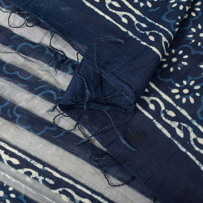 Sanskriti Vintage Dupatta/Stole Blue Cotton Silk Bagru Handblock Print Zari Veil