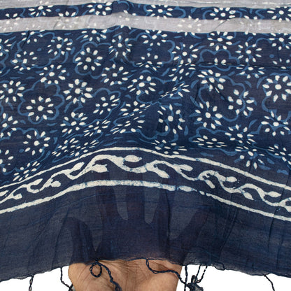 Sanskriti Vintage Dupatta/Stole Blue Cotton Silk Bagru Handblock Print Zari Veil