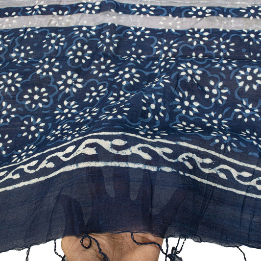 Sanskriti Vintage Dupatta/Stole Blue Cotton Silk Bagru Handblock Print Zari Veil