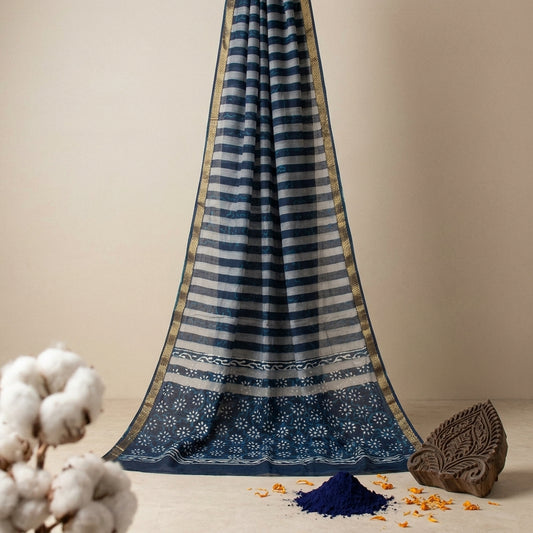 Sanskriti Vintage Dupatta/Stole Blue Cotton Silk Bagru Handblock Print Zari Veil