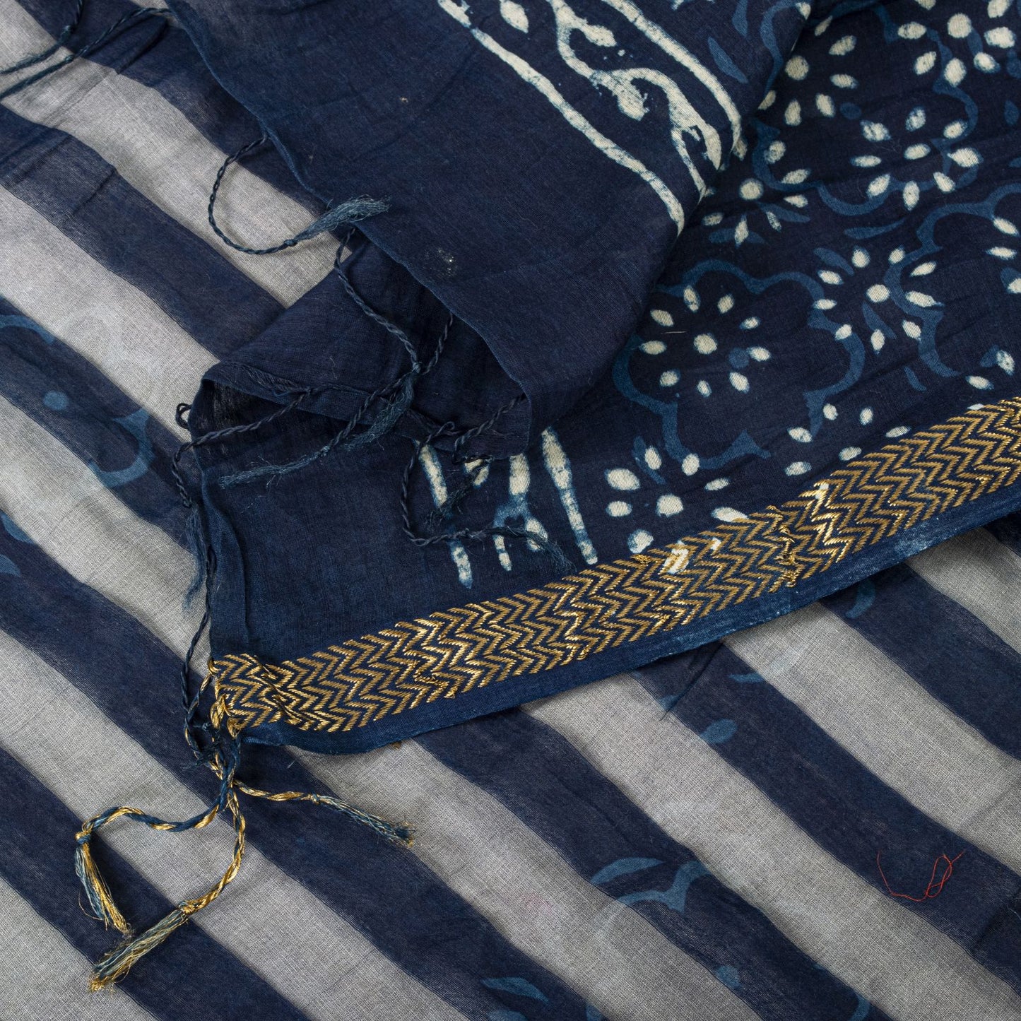 Sanskriti Vintage Dupatta/Stole Blue Cotton Silk Bagru Handblock Print Zari Veil
