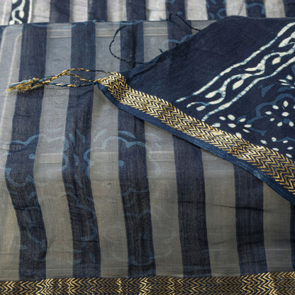 Sanskriti Vintage Dupatta/Stole Blue Cotton Silk Bagru Handblock Print Zari Veil