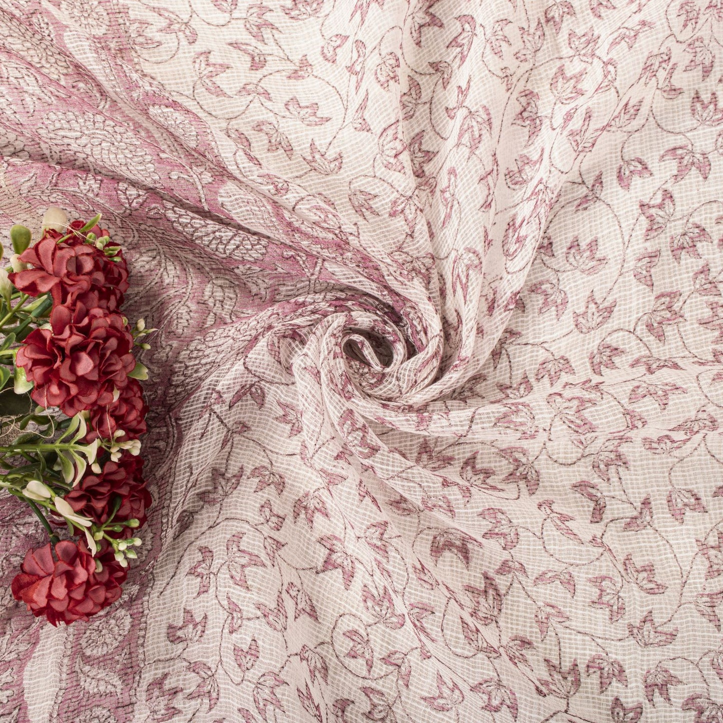Sanskriti Vintage Dupatta/Stole White Blend Cotton Kota Handblock Kalamkari Veil