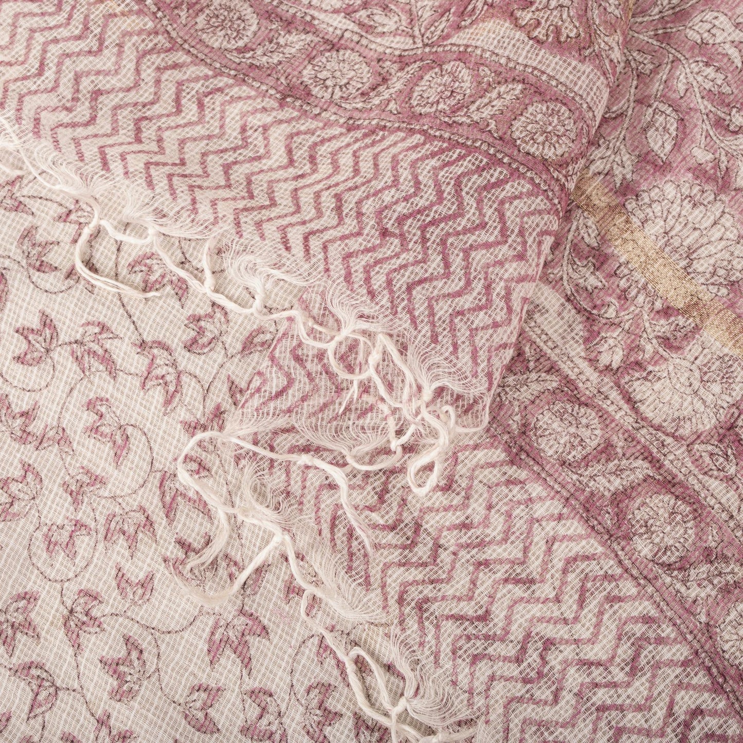 Sanskriti Vintage Dupatta/Stole White Blend Cotton Kota Handblock Kalamkari Veil