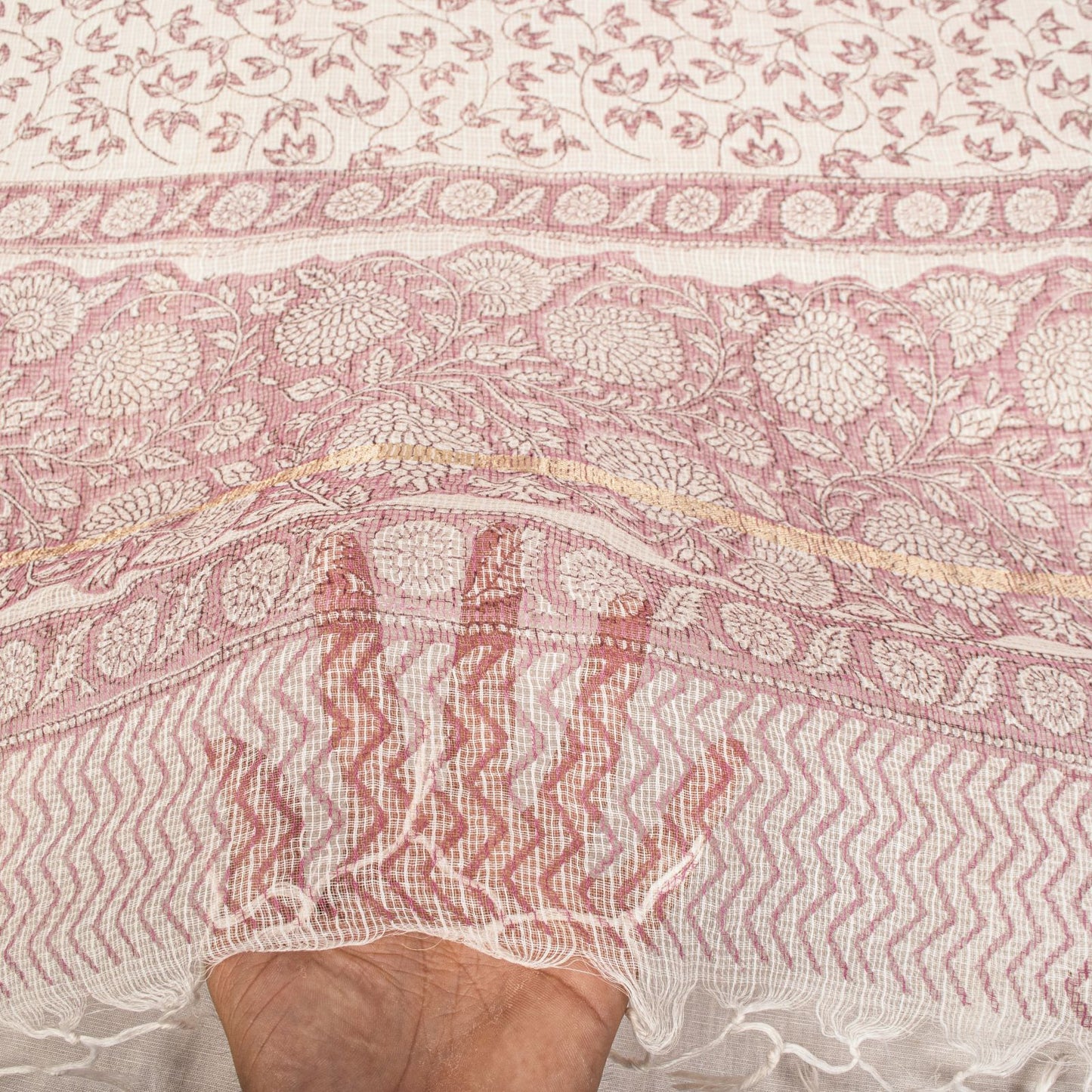 Sanskriti Vintage Dupatta/Stole White Blend Cotton Kota Handblock Kalamkari Veil