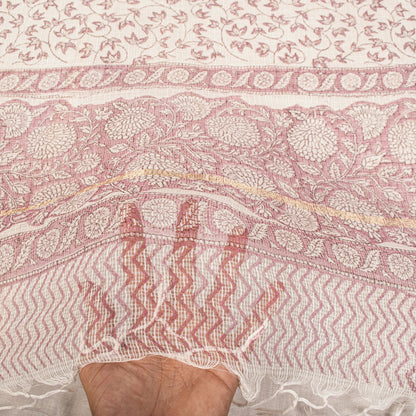 Sanskriti Vintage Dupatta/Stole White Blend Cotton Kota Handblock Kalamkari Veil