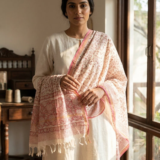 Sanskriti Vintage Dupatta/Stole White Blend Cotton Kota Handblock Kalamkari Veil