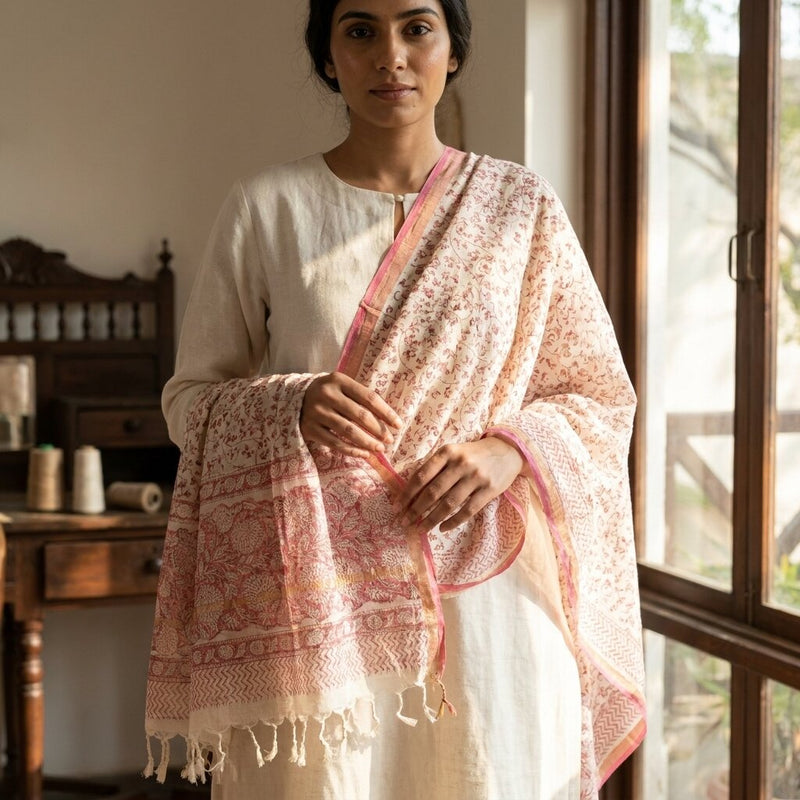 Sanskriti Vintage Dupatta/Stole White Blend Cotton Kota Handblock Kalamkari Veil