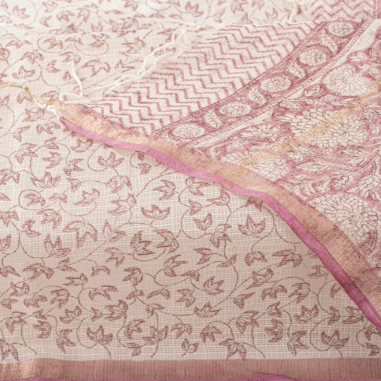 Sanskriti Vintage Dupatta/Stole White Blend Cotton Kota Handblock Kalamkari Veil