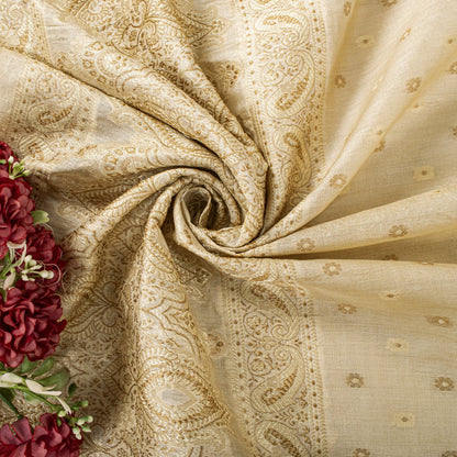 Sanskriti Vintage Dupatta/Stole Cream Pure Silk Woven Wedding Indian Veil