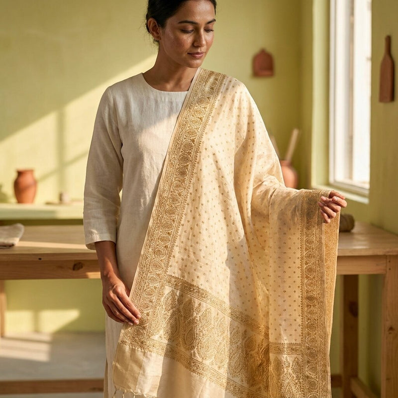 Sanskriti Vintage Dupatta/Stole Cream Pure Silk Woven Wedding Indian Veil