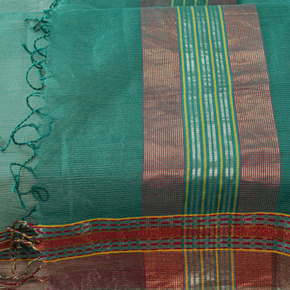 Sanskriti Vintage Dupatta/Stole Green Cotton Silk Zari Handwoven Maheshwari Veil