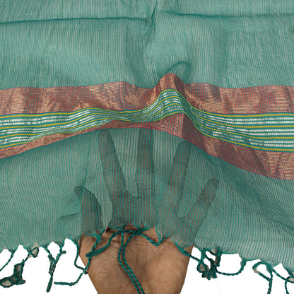 Sanskriti Vintage Dupatta/Stole Green Cotton Silk Zari Handwoven Maheshwari Veil