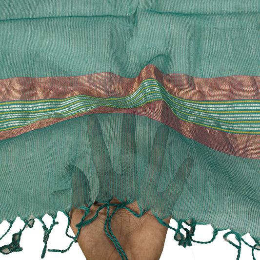 Sanskriti Vintage Dupatta/Stole Green Cotton Silk Zari Handwoven Maheshwari Veil