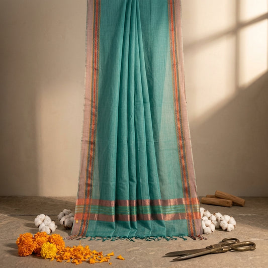 Sanskriti Vintage Dupatta/Stole Green Cotton Silk Zari Handwoven Maheshwari Veil