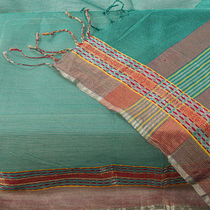 Sanskriti Vintage Dupatta/Stole Green Cotton Silk Zari Handwoven Maheshwari Veil