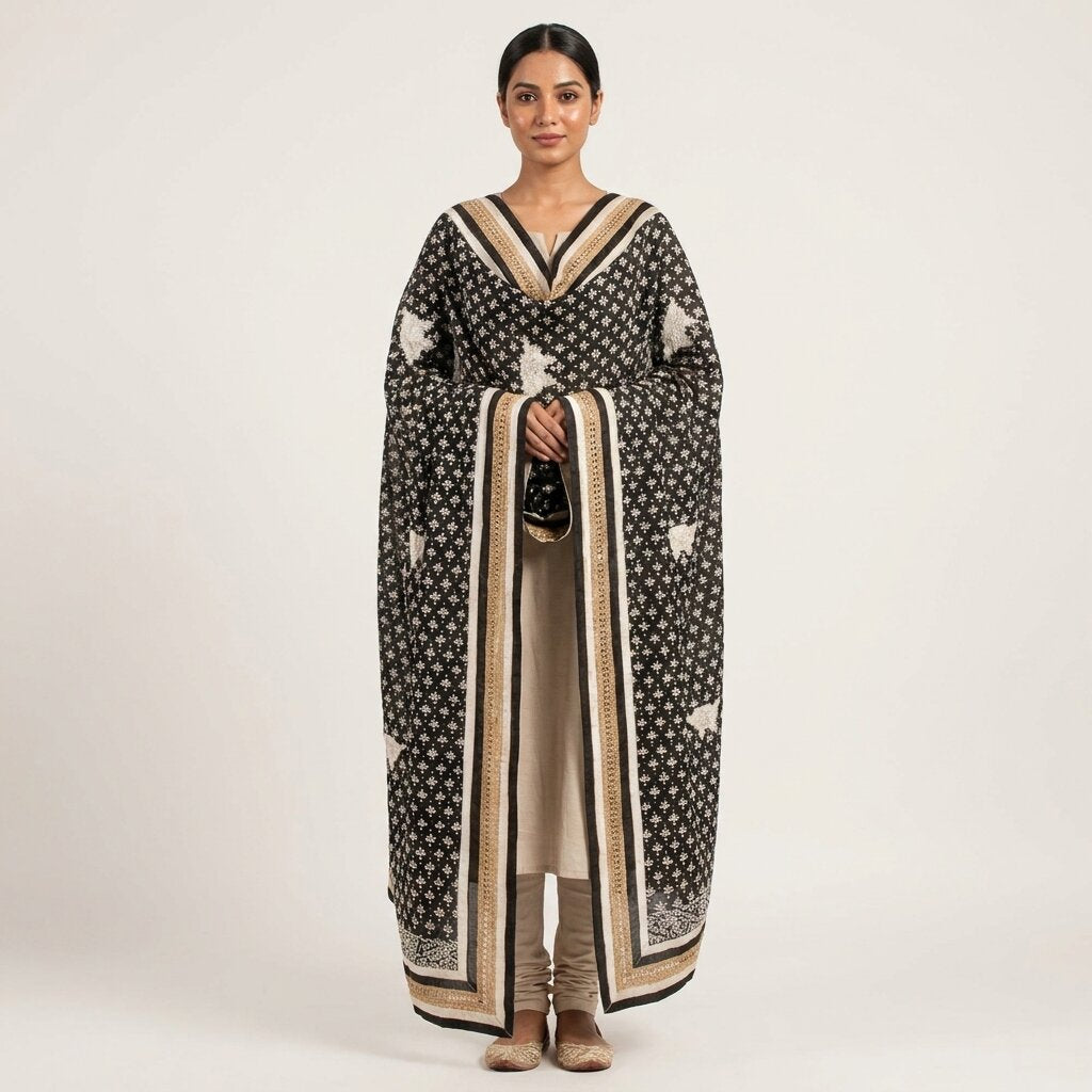 Sanskriti Vintage Dupatta/Stole Black Cotton Silk Hand Embroidered Chikankari