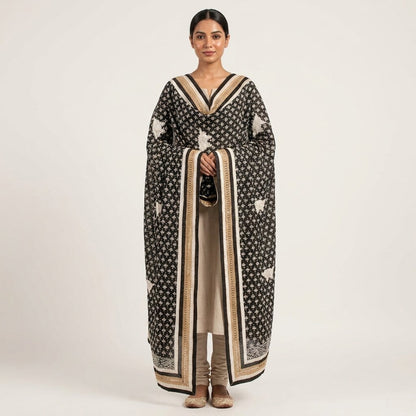 Sanskriti Vintage Dupatta/Stole Black Cotton Silk Hand Embroidered Chikankari