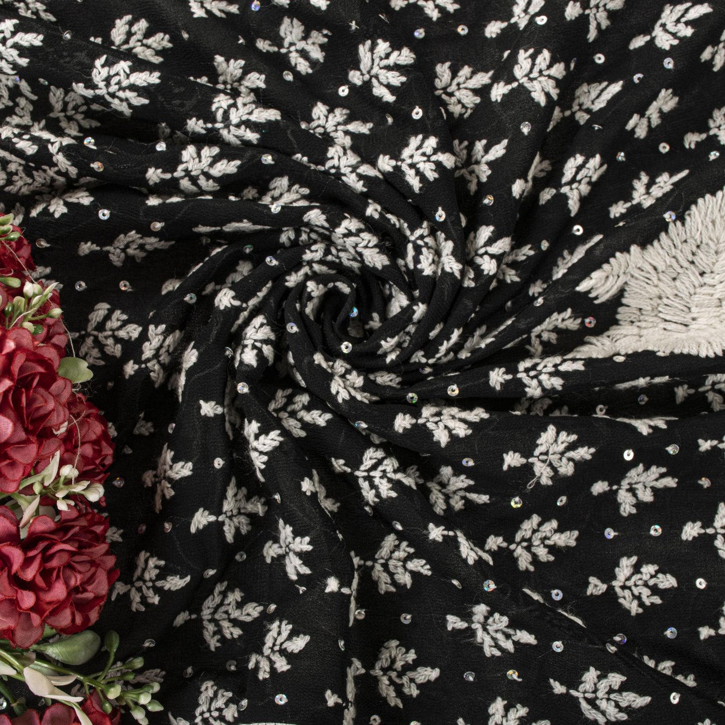 Sanskriti Vintage Dupatta/Stole Black Cotton Silk Hand Embroidered Chikankari