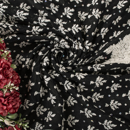 Sanskriti Vintage Dupatta/Stole Black Cotton Silk Hand Embroidered Chikankari