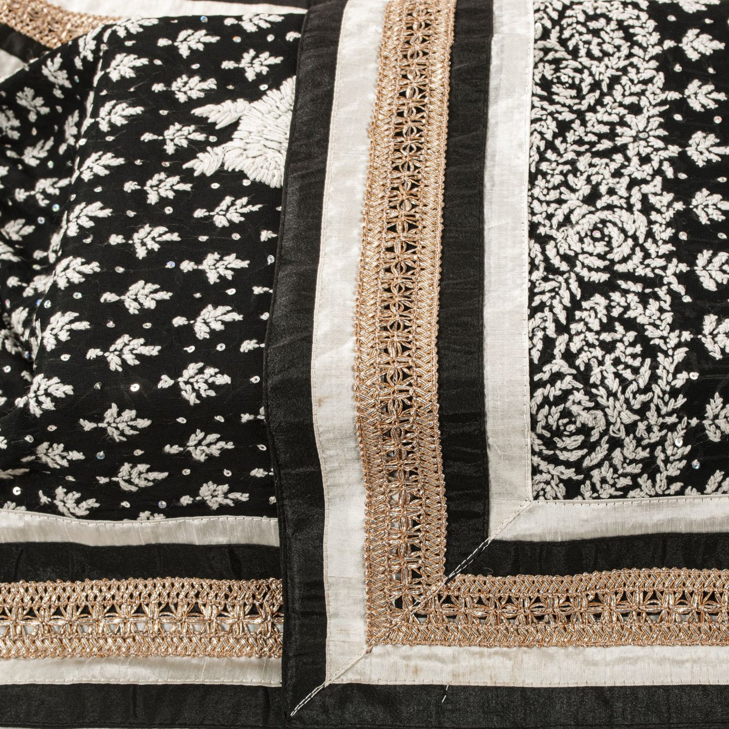 Sanskriti Vintage Dupatta/Stole Black Cotton Silk Hand Embroidered Chikankari