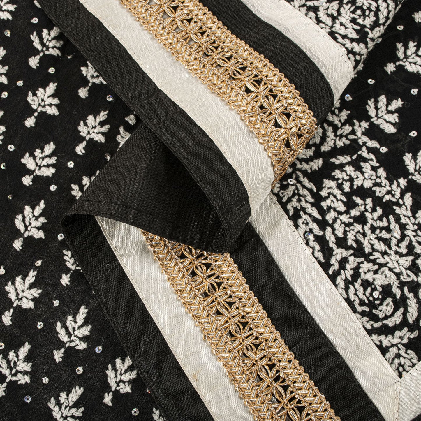 Sanskriti Vintage Dupatta/Stole Black Cotton Silk Hand Embroidered Chikankari