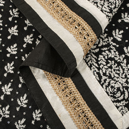 Sanskriti Vintage Dupatta/Stole Black Cotton Silk Hand Embroidered Chikankari