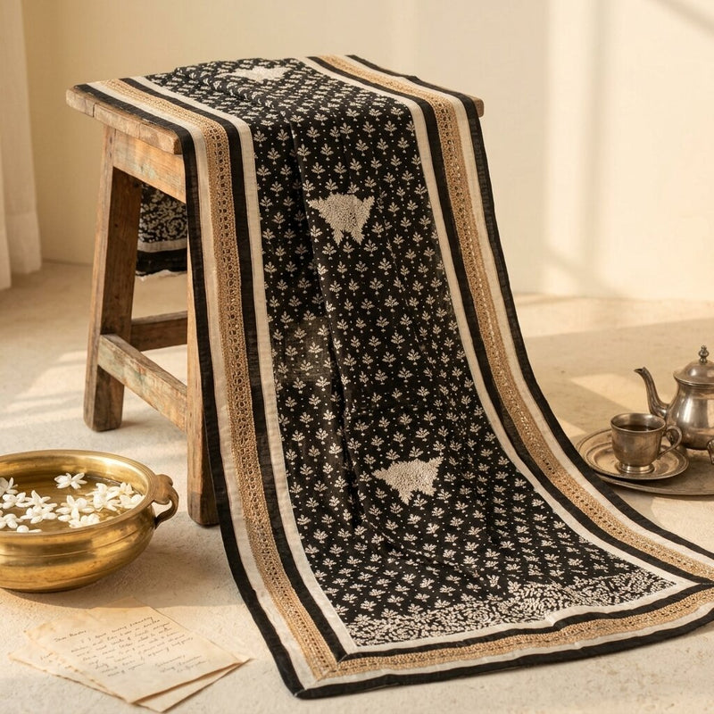 Sanskriti Vintage Dupatta/Stole Black Cotton Silk Hand Embroidered Chikankari