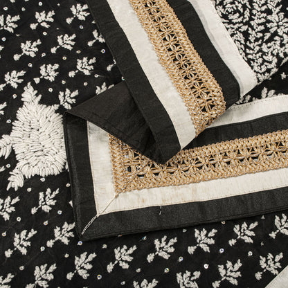 Sanskriti Vintage Dupatta/Stole Black Cotton Silk Hand Embroidered Chikankari