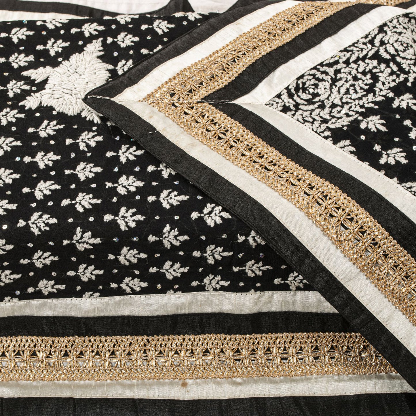 Sanskriti Vintage Dupatta/Stole Black Cotton Silk Hand Embroidered Chikankari