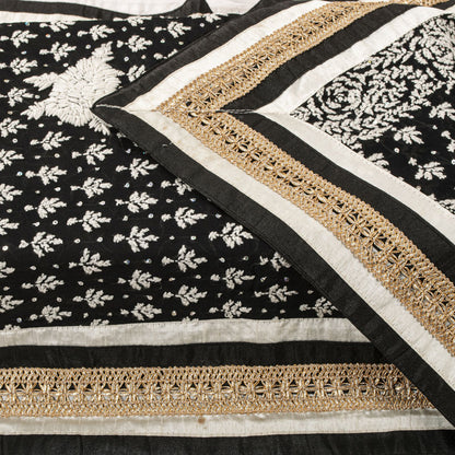 Sanskriti Vintage Dupatta/Stole Black Cotton Silk Hand Embroidered Chikankari
