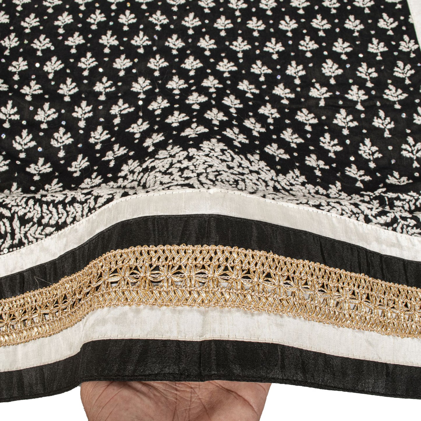 Sanskriti Vintage Dupatta/Stole Black Cotton Silk Hand Embroidered Chikankari