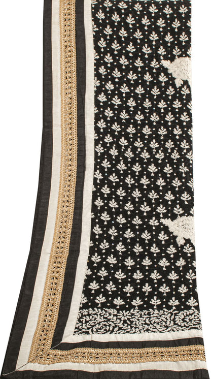 Sanskriti Vintage Dupatta/Stole Black Cotton Silk Hand Embroidered Chikankari