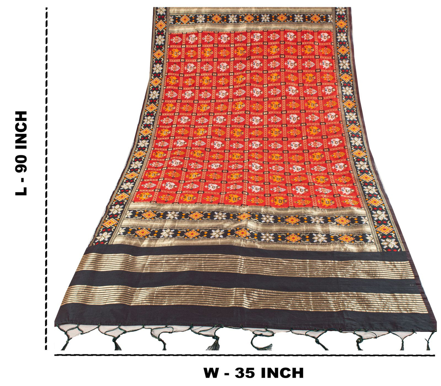 Sanskriti Vintage Dupatta/Stole Red Art Silk Patan Patola Hand Woven Gujrat Veil